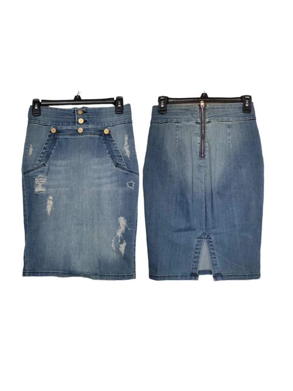 ❤️Bebe Women’s Blue Denim Midi Skirt Size 27 Distressed Gold Buttons Jean Skirt - Picture 2 of 8